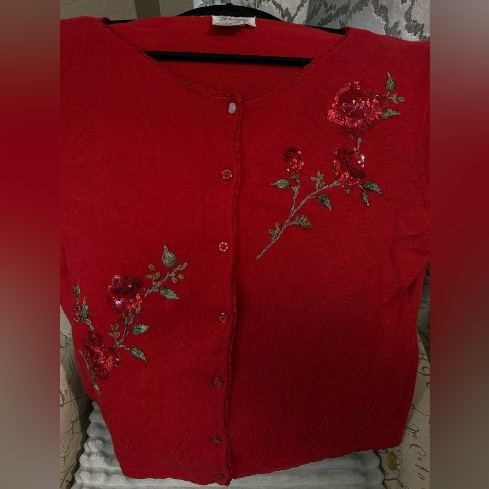 Sequin Beaded Embroidered Rose Red Cardigan Sweater Grannycore VTG Valentines Da - Picture 12 of 15